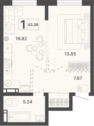 Планировка 1-комн. квартира, 43.38 м² ЖК «Светский лес»