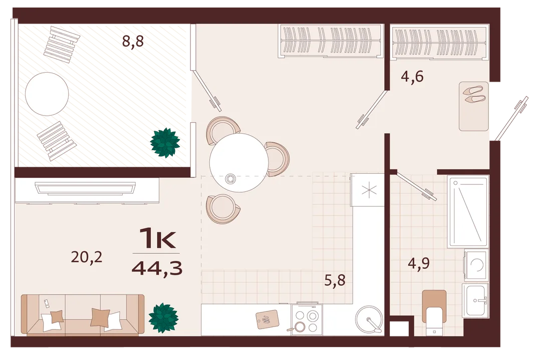 Планировка 1-комн. квартира, 44.3 м² ЖК «Роялта»