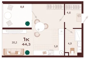 Планировка 1-комн. квартира, 44.3 м² ЖК «Роялта»