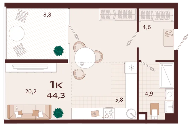 Планировка 1-комн. квартира, 44.3 м² ЖК «Роялта» Планировка 1-комн. квартира, 44.3 м² ЖК «Роялта»