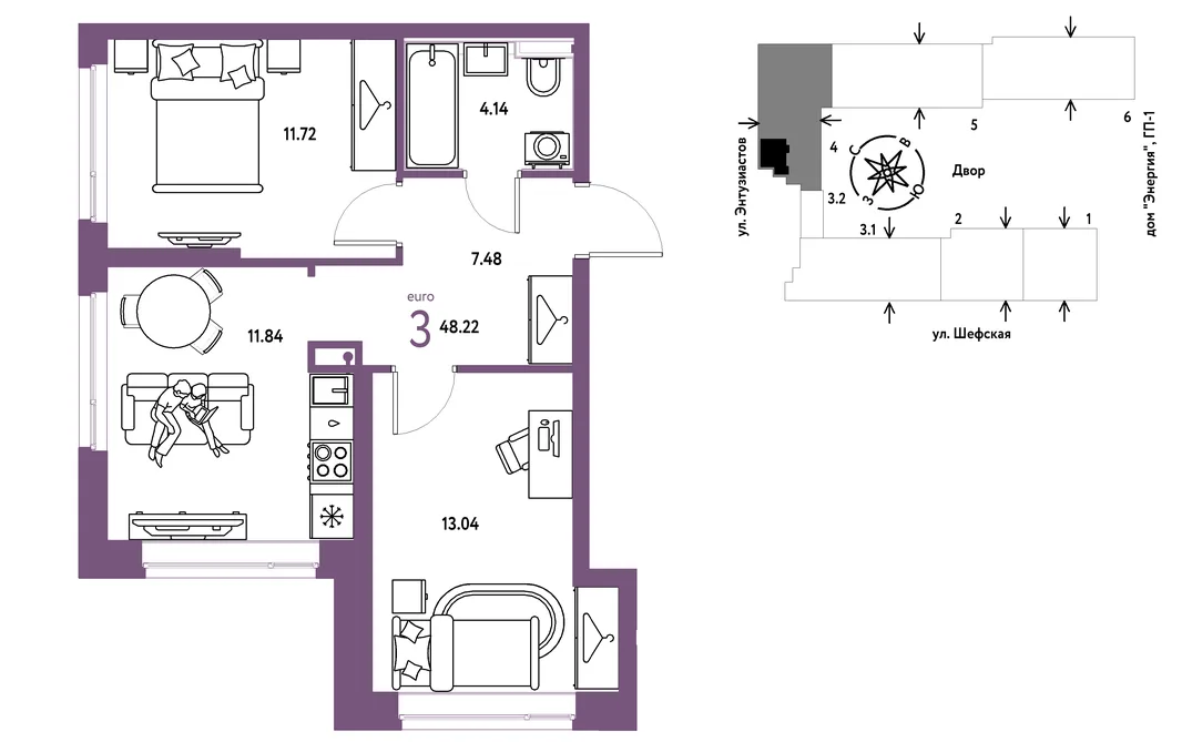 Планировка 3-комн. квартира, 48.22 м² ЖК «Страна.Энтузиастов»