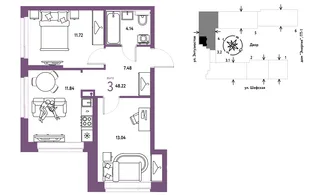 Планировка 3-комн. квартира, 48.22 м² ЖК «Страна.Энтузиастов»