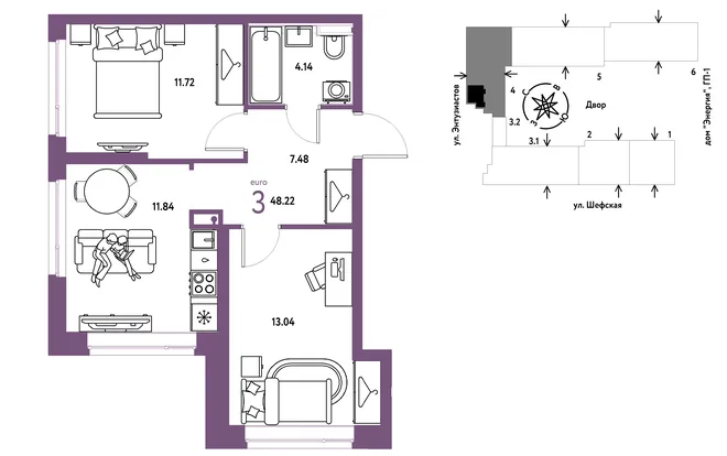 Планировка 3-комн. квартира, 48.22 м² ЖК «Страна.Энтузиастов» Планировка 3-комн. квартира, 48.22 м² ЖК «Страна.Энтузиастов»