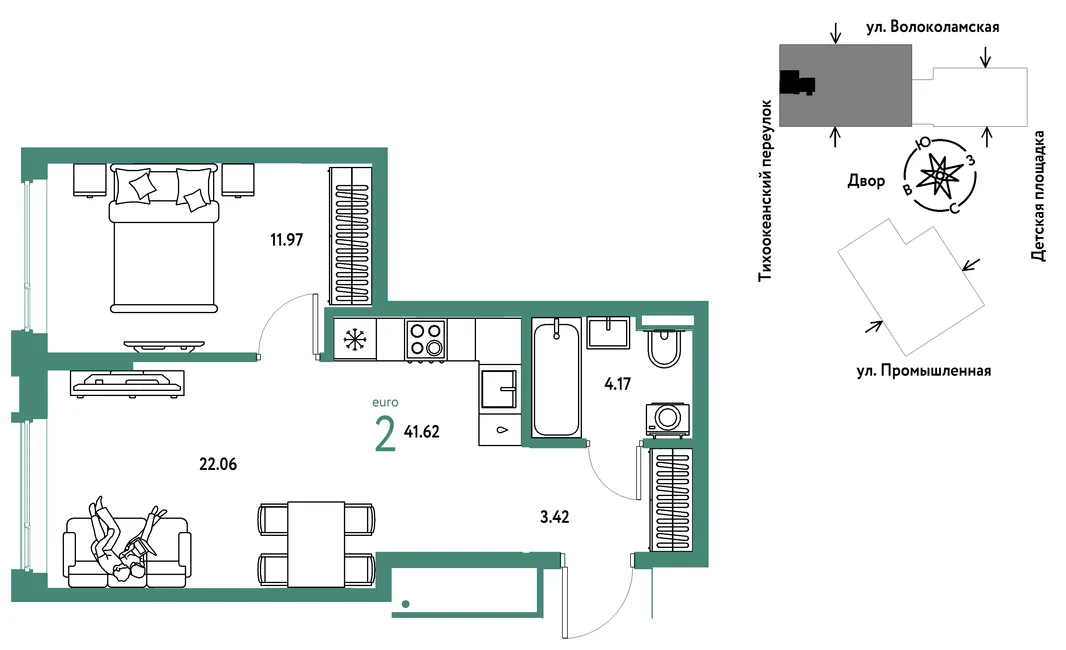 Планировка 2-комн. квартира, 41.62 м² ЖК «Страна Прибрежная»