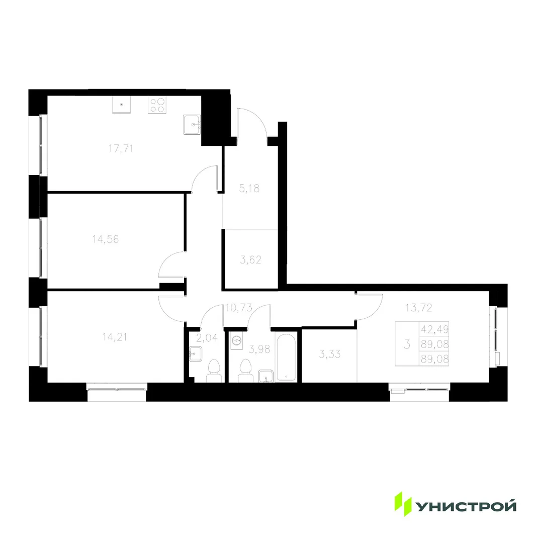 Планировка 3-комн. квартира, 89.08 м² ЖК «Statum»