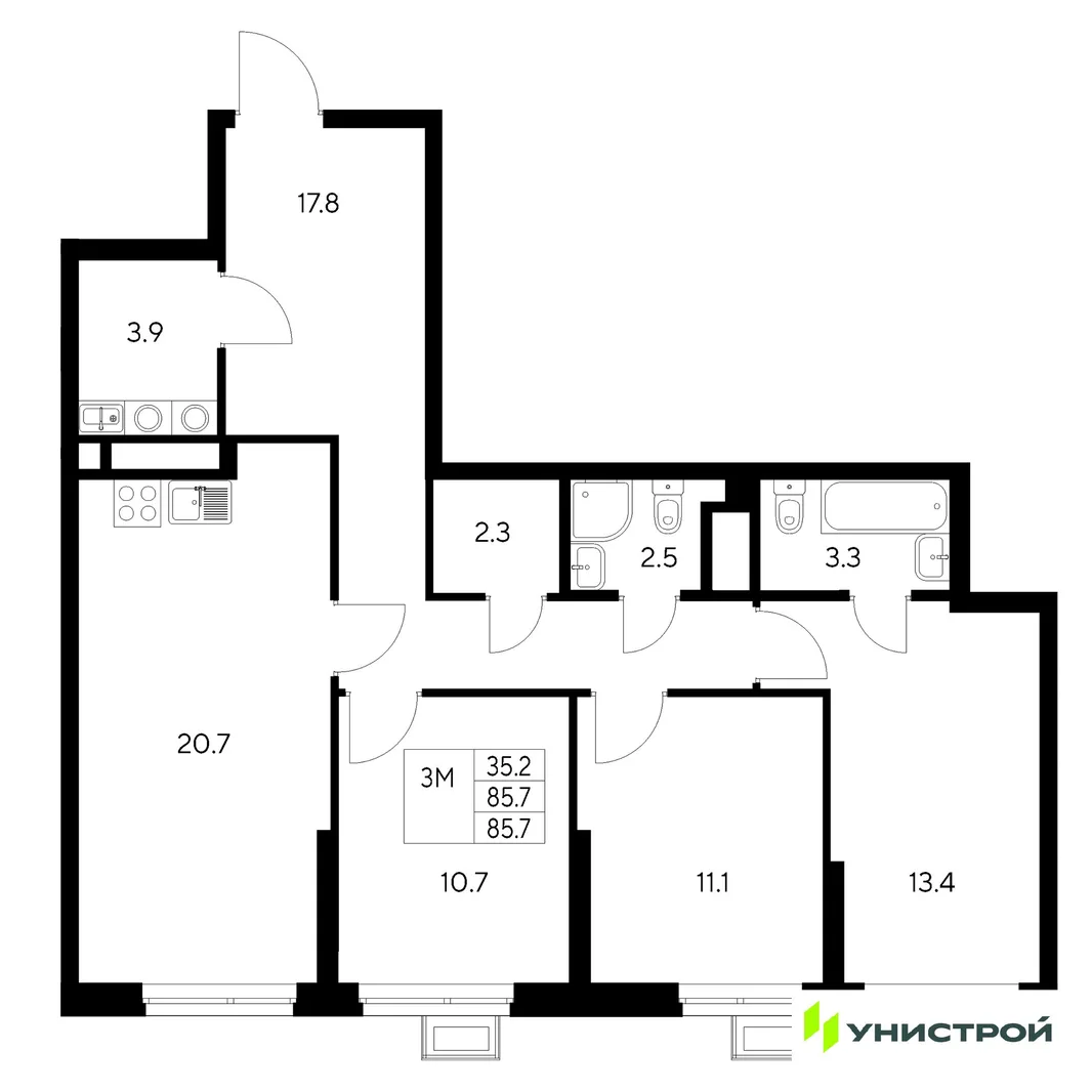 Планировка 3-комн. квартира, 85.7 м² ЖК «Стадиум»