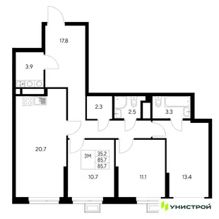 Планировка 3-комн. квартира, 85.7 м² ЖК «Стадиум»