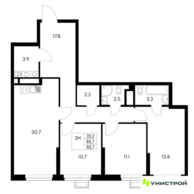 Планировка 3-комн. квартира, 85.7 м² ЖК «Стадиум» Планировка 3-комн. квартира, 85.7 м² ЖК «Стадиум»