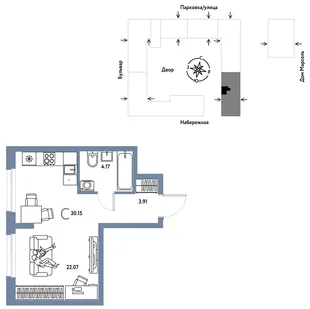 Планировка Студия, 30.15 м² ЖК «Европейский берег 2.0»