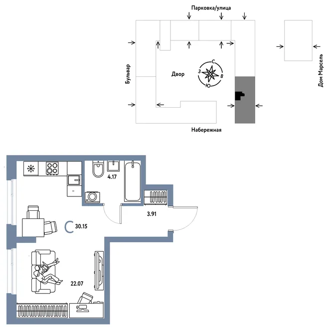 Планировка Студия, 30.15 м² ЖК «Европейский берег 2.0» Планировка Студия, 30.15 м² ЖК «Европейский берег 2.0»
