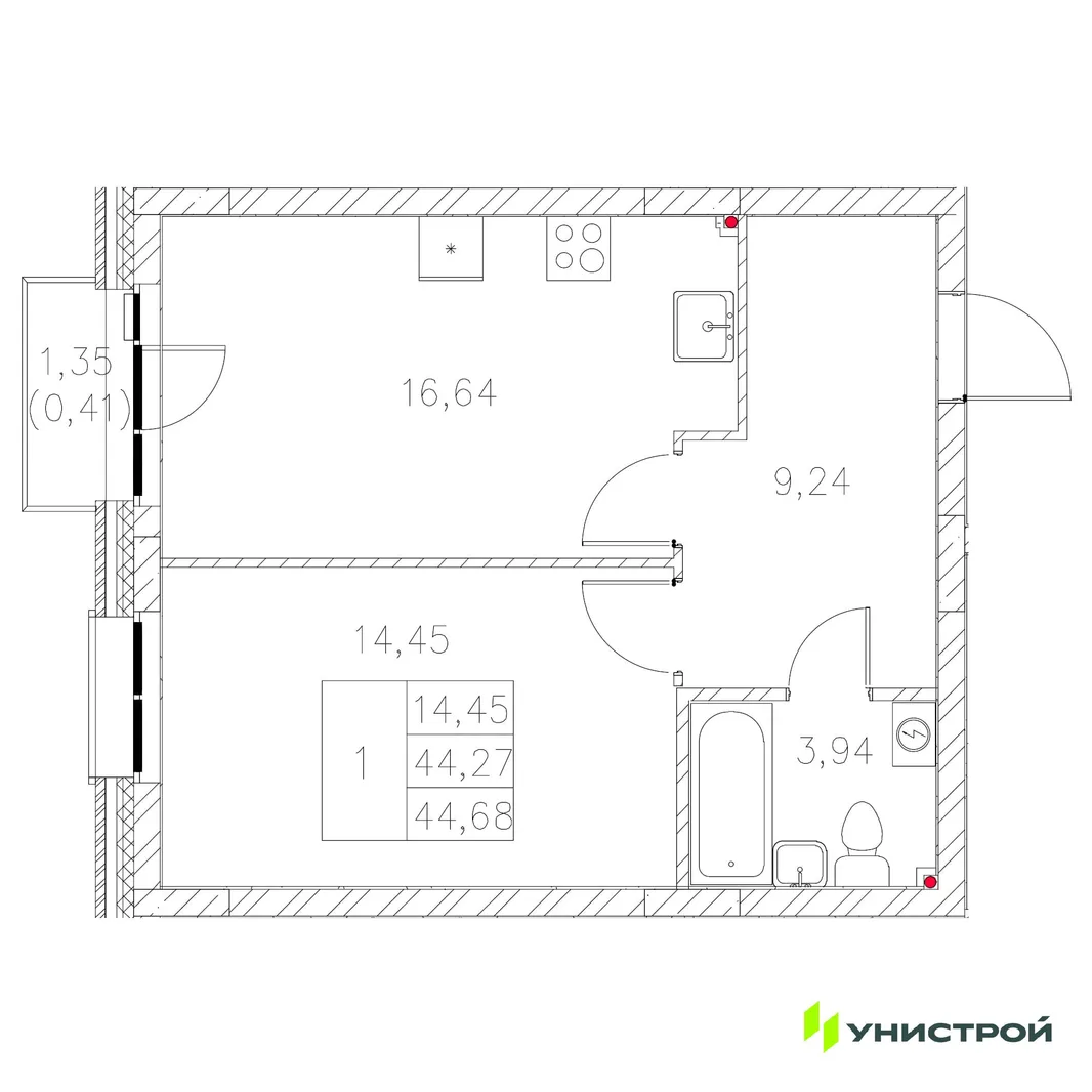 Планировка 1-комн. квартира, 44.68 м² ЖК «Statum»
