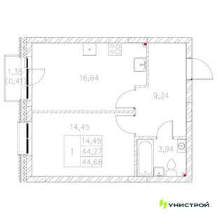 Планировка 1-комн. квартира, 44.68 м² ЖК «Statum»