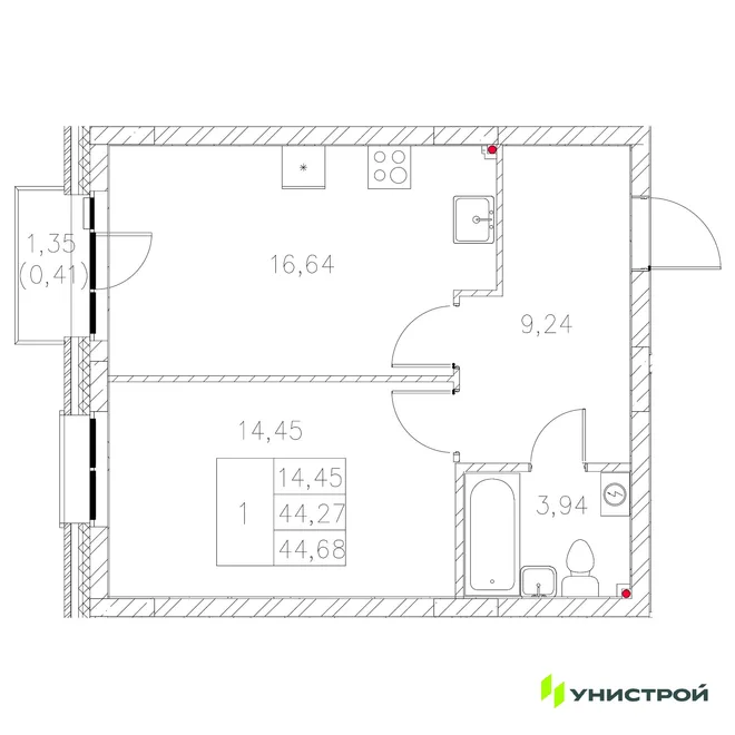 Планировка 1-комн. квартира, 44.68 м² ЖК «Statum» Планировка 1-комн. квартира, 44.68 м² ЖК «Statum»