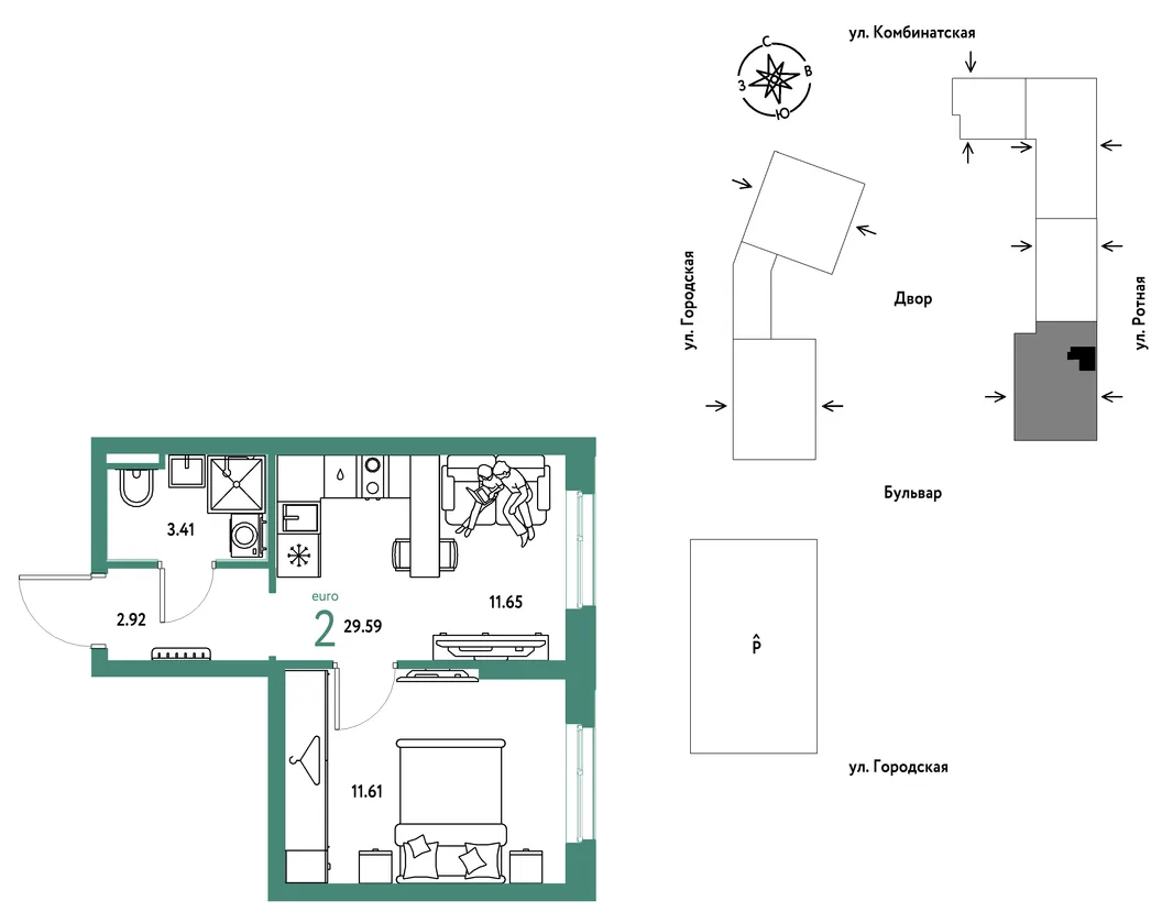 Планировка 2-комн. квартира, 29.59 м² ЖК «Уральский сад»