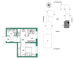Планировка 2-комн. квартира, 29.59 м² ЖК «Уральский сад»