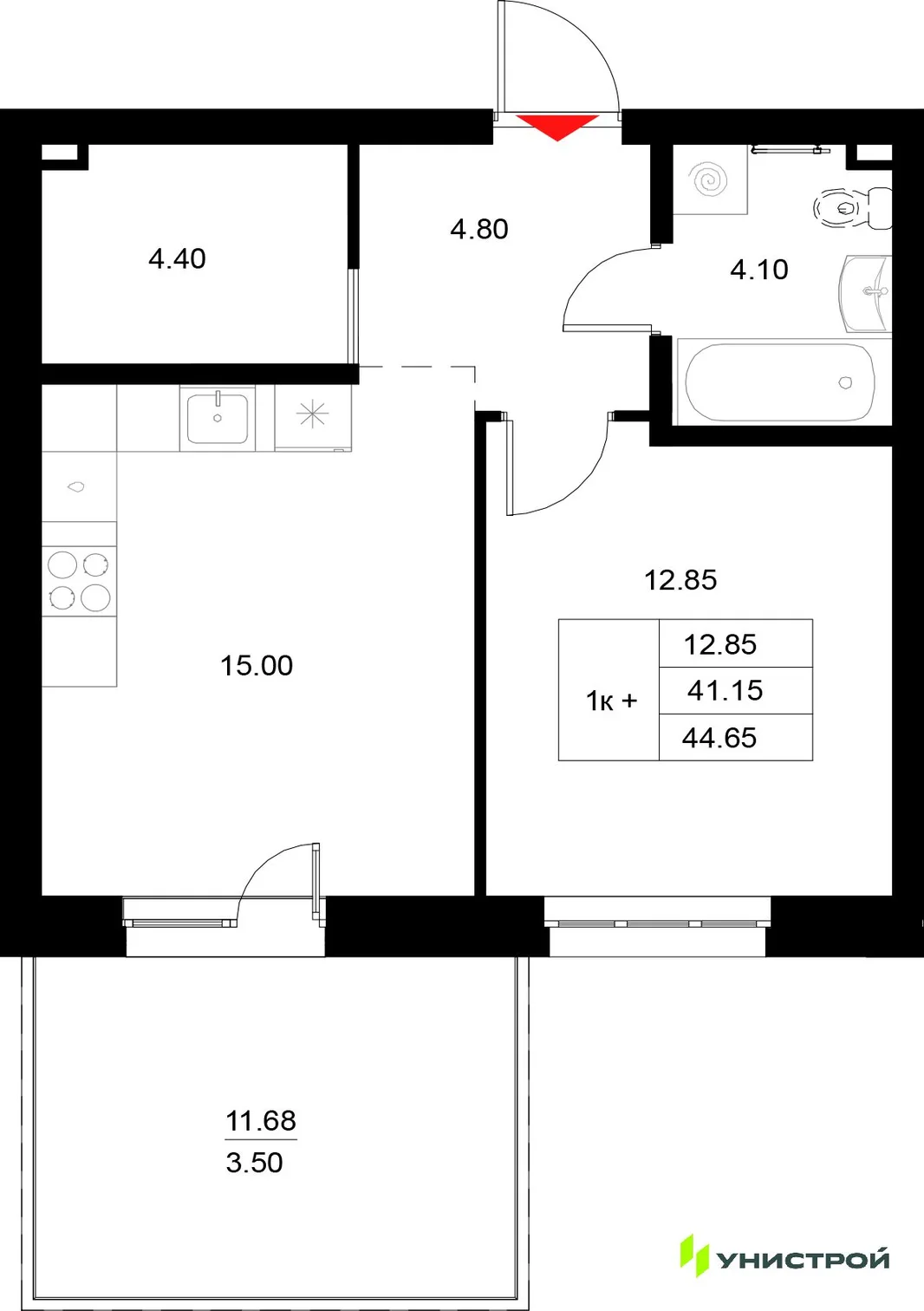 Планировка 1-комн. квартира, 44.65 м² ЖК «Уникод на Технической»