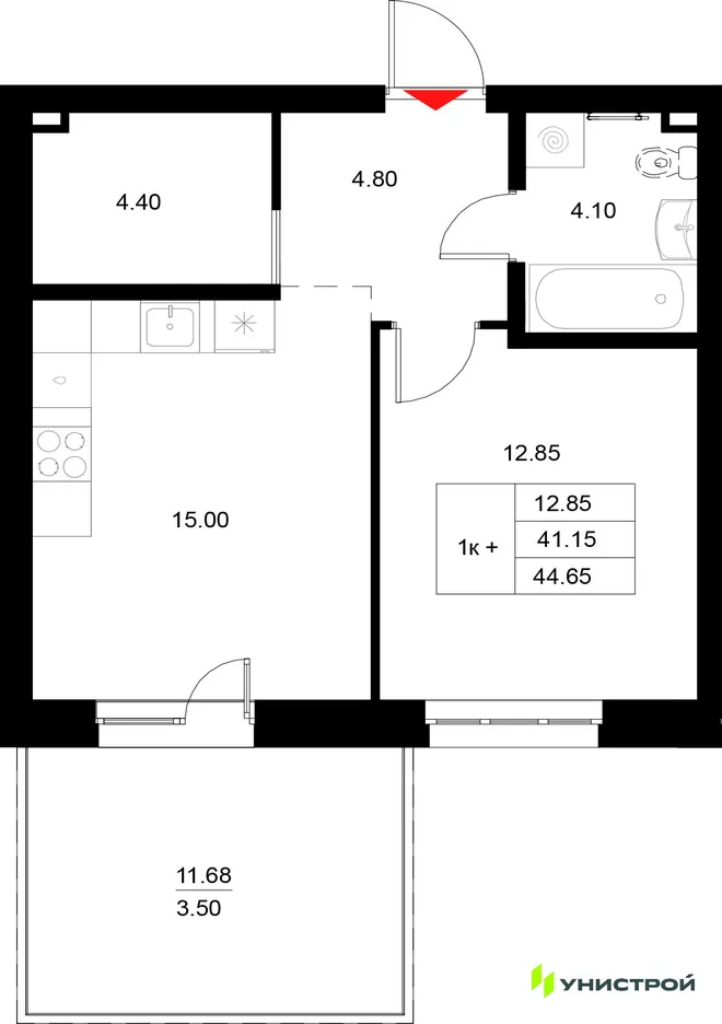 Планировка 1-комн. квартира, 44.65 м² ЖК «Уникод на Технической» Планировка 1-комн. квартира, 44.65 м² ЖК «Уникод на Технической»