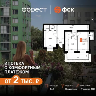 Планировка 2-комн. квартира, 84.8 м² ЖК «ФоРест»
