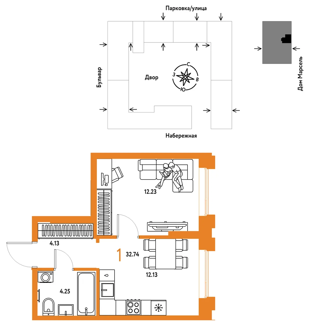 Планировка 1-комн. квартира, 32.74 м² ЖК «Европейский берег 2.0»
