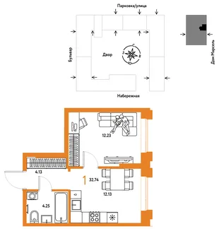 Планировка 1-комн. квартира, 32.74 м² ЖК «Европейский берег 2.0»