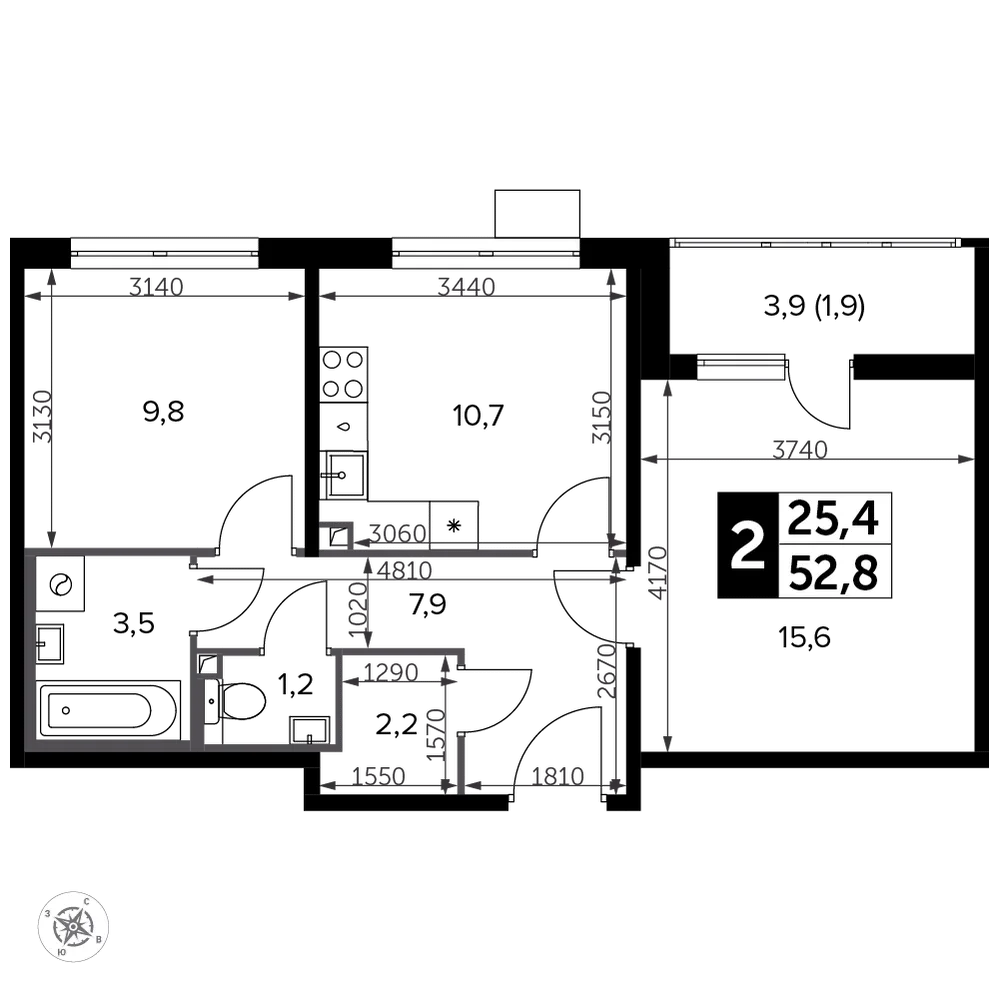 Планировка 2-комн. квартира, 53 м² ЖК «Южная Битца»