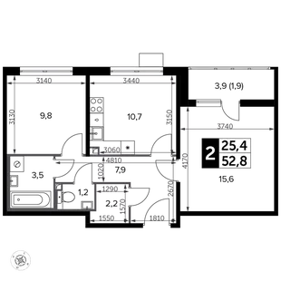 Планировка 2-комн. квартира, 53 м² ЖК «Южная Битца»