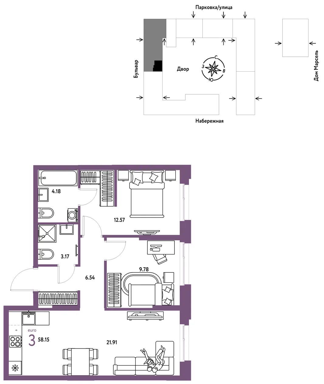 Планировка 3-комн. квартира, 58.15 м² ЖК «Европейский берег 2.0»