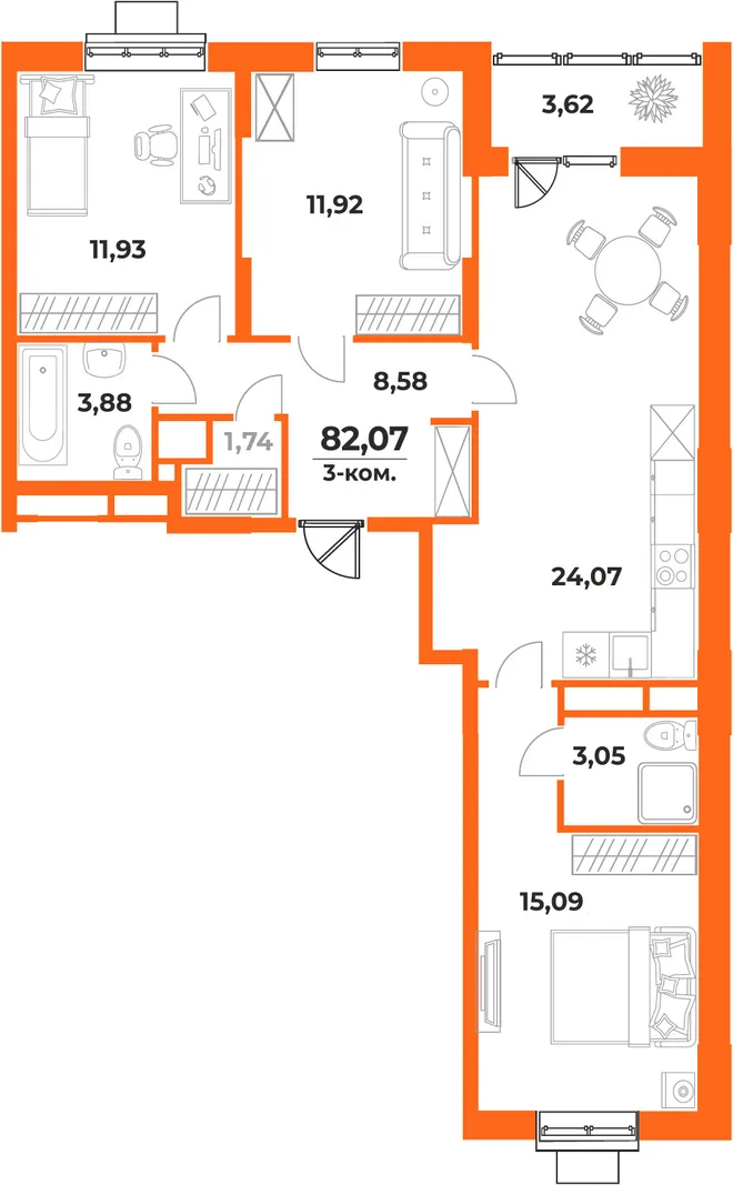 Планировка 3-комн. квартира, 82.07 м² ЖК «Живописный сад» Планировка 3-комн. квартира, 82.07 м² ЖК «Живописный сад»