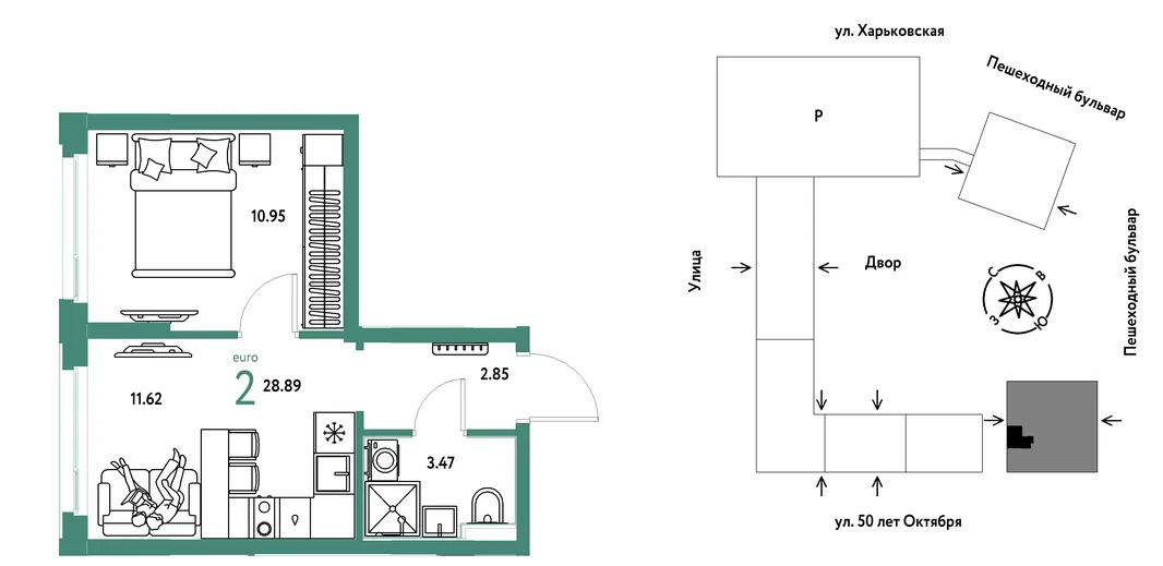 Планировка 2-комн. квартира, 28.89 м² ЖК «Сердце Сибири»