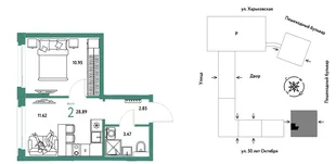 Планировка 2-комн. квартира, 28.89 м² ЖК «Сердце Сибири»