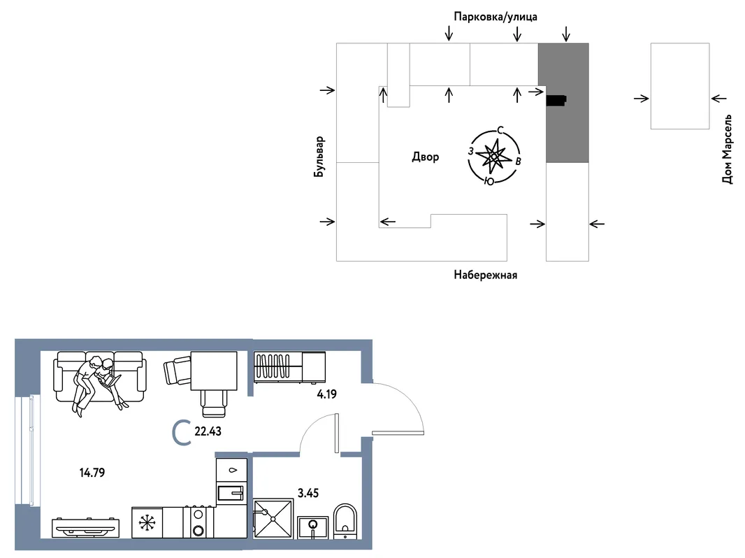 Планировка Студия, 22.43 м² ЖК «Европейский берег 2.0»
