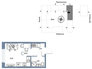Планировка Студия, 22.43 м² ЖК «Европейский берег 2.0»