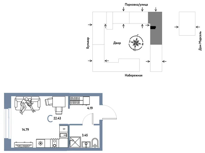 Планировка Студия, 22.43 м² ЖК «Европейский берег 2.0» Планировка Студия, 22.43 м² ЖК «Европейский берег 2.0»