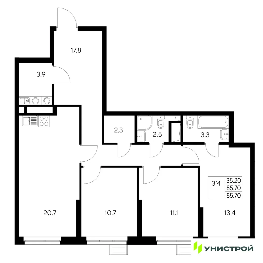 Планировка 3-комн. квартира, 85.7 м² ЖК «Стадиум»