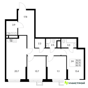 Планировка 3-комн. квартира, 85.7 м² ЖК «Стадиум»