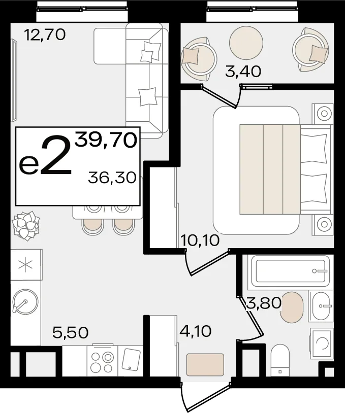 Планировка 2-комн. квартира, 39.7 м² ЖК «Патрики»