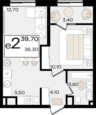 Планировка 2-комн. квартира, 39.7 м² ЖК «Патрики»