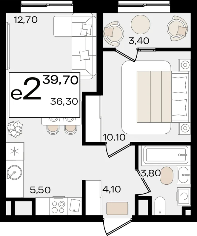 Планировка 2-комн. квартира, 39.7 м² ЖК «Патрики»