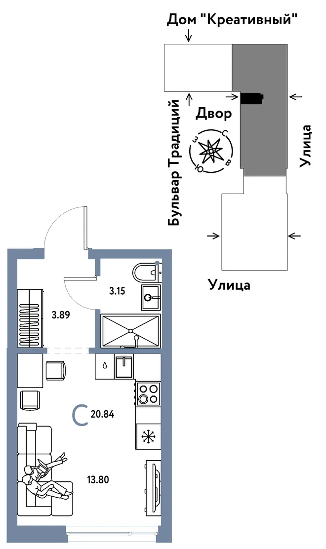 Планировка Студия, 20.84 м² ЖК «Микрорайон Домашний»
