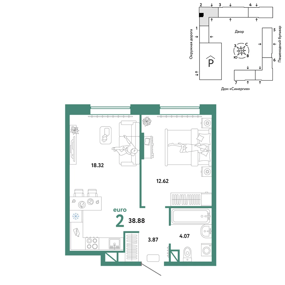 Планировка 2-комн. квартира, 38.88 м² ЖК «Юнион»