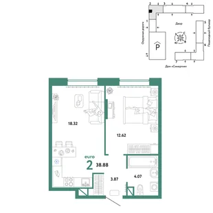 Планировка 2-комн. квартира, 38.88 м² ЖК «Юнион»