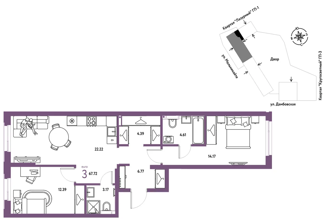 Планировка 3-комн. квартира, 67.72 м² ЖК «Страна Прибрежная»