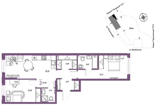 Планировка 3-комн. квартира, 67.72 м² ЖК «Страна Прибрежная»