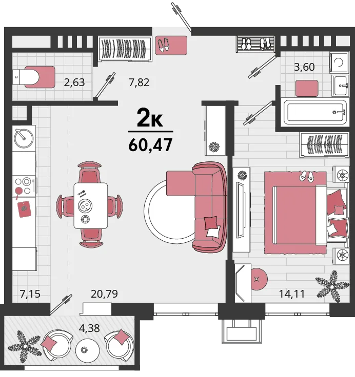 Планировка 2-комн. квартира, 60.47 м² ЖК «Родные просторы»