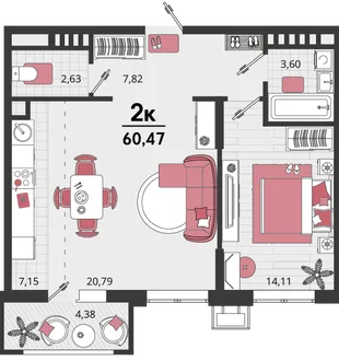Планировка 2-комн. квартира, 60.47 м² ЖК «Родные просторы»