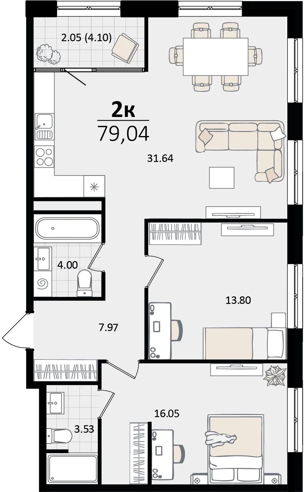 Планировка 2-комн. квартира, 79.04 м² ЖК «Патрики»