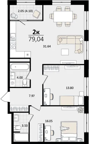 Планировка 2-комн. квартира, 79.04 м² ЖК «Патрики»