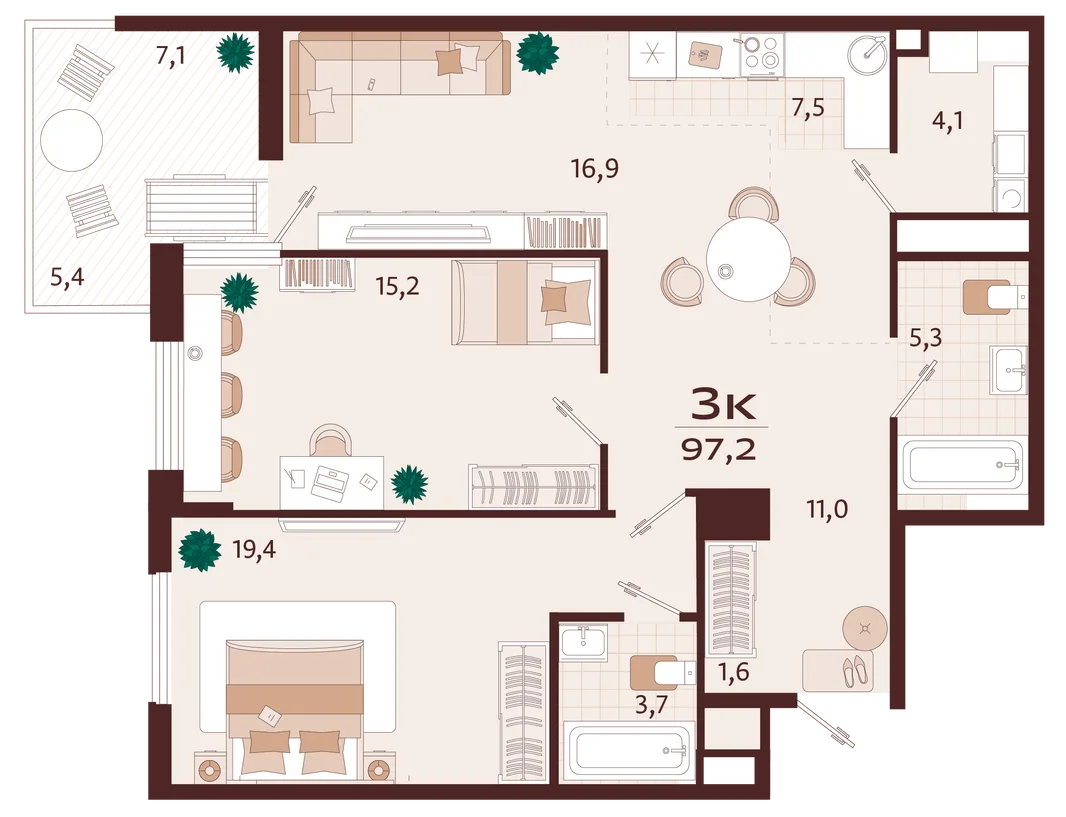 Планировка 3-комн. квартира, 96.7 м² ЖК «Роялта»