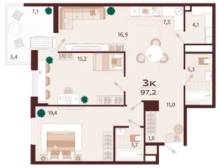 Планировка 3-комн. квартира, 96.7 м² ЖК «Роялта»