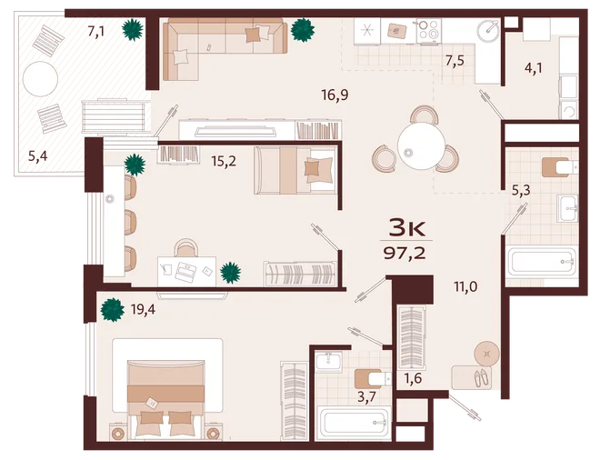 Планировка 3-комн. квартира, 96.7 м² ЖК «Роялта» Планировка 3-комн. квартира, 96.7 м² ЖК «Роялта»